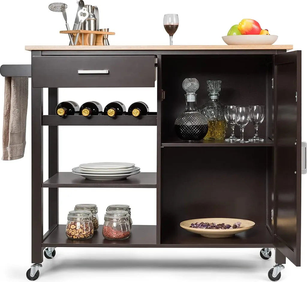  COSTWAY Küchenwagen Auf Rollen, Kücheninsel Mit Schublade, Weinregal, Offene Regale & Handtuchhalter, Platzsparender Servierwagen, Für Küche, Esszimmer, Bar, Braun