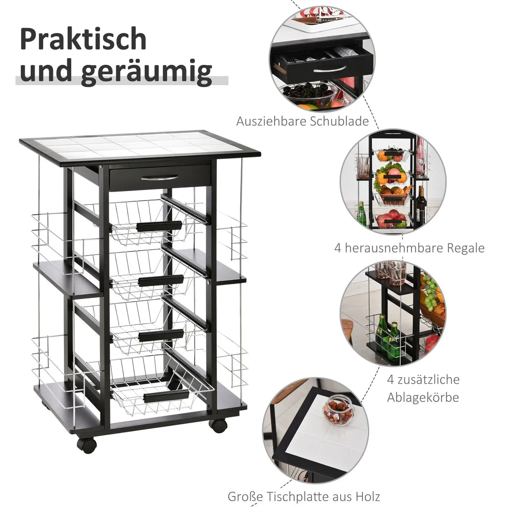  HOMCOM Servierwagen Auf Rollen, Küchenwagen Mit Arbeitsplatte Und Gewürzregal, Rollwagen, Küchentrolley, Kieferholz, Schwarz, 57 X 37 X 83 Cm