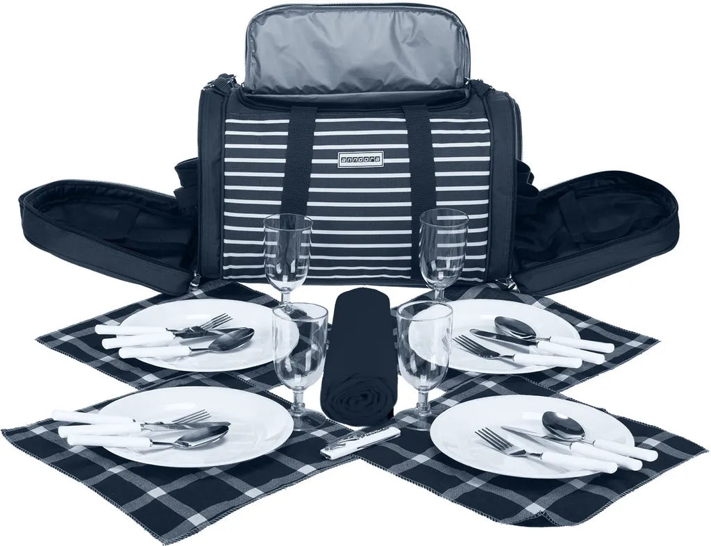  Anndora Picknick Kühltasche + Decke + Zubehör - Blau Weiß Gestreift - Blau