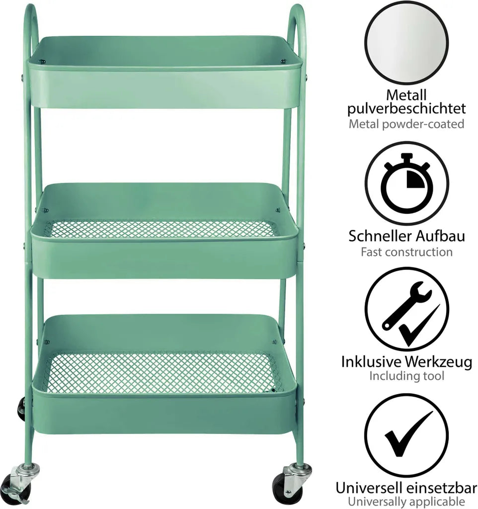  ONVAYA® Servierwagen Silvio | Beistellwagen | Mint | 30,5 X 45 X 77 Cm | 3 Fächer | Multifunktionswagen | Transportwagen | Allzweckwagen | Küchentrolley | Nischenregal