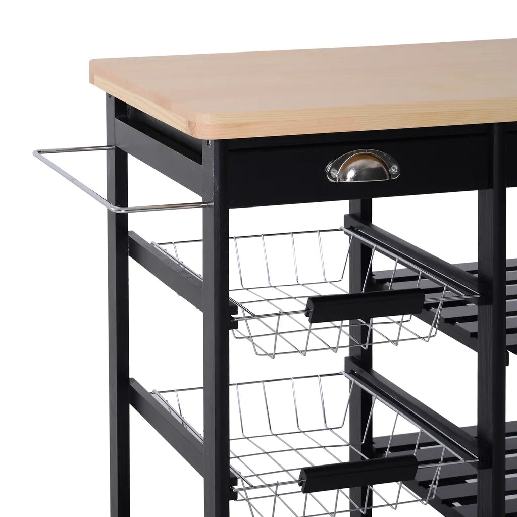  HOMCOM Küchenwagen Servierwagen Mit Ausziehbarem Korb Schublade Küchenrollwagen Weinablage Küchentrolley Holz Schwarz 74 X 37 X 76 Cm