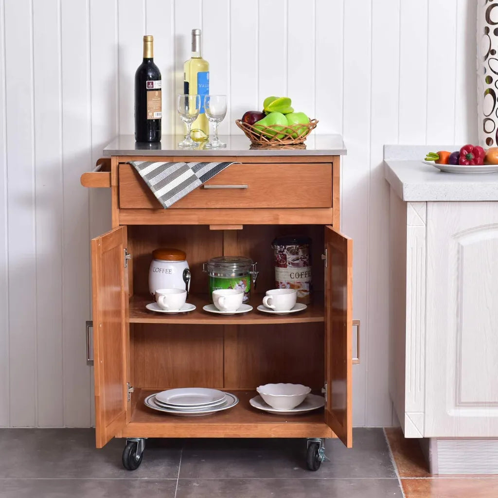  COSTWAY Küchenwagen Mit Schublade, Kücheninsel Mit Handtuchhalter, Küchenschrank Rollbar, Servierwagen Aus Holz, Kücheninselwagen, Mikrowellenwagen, Sideboard Naturholz