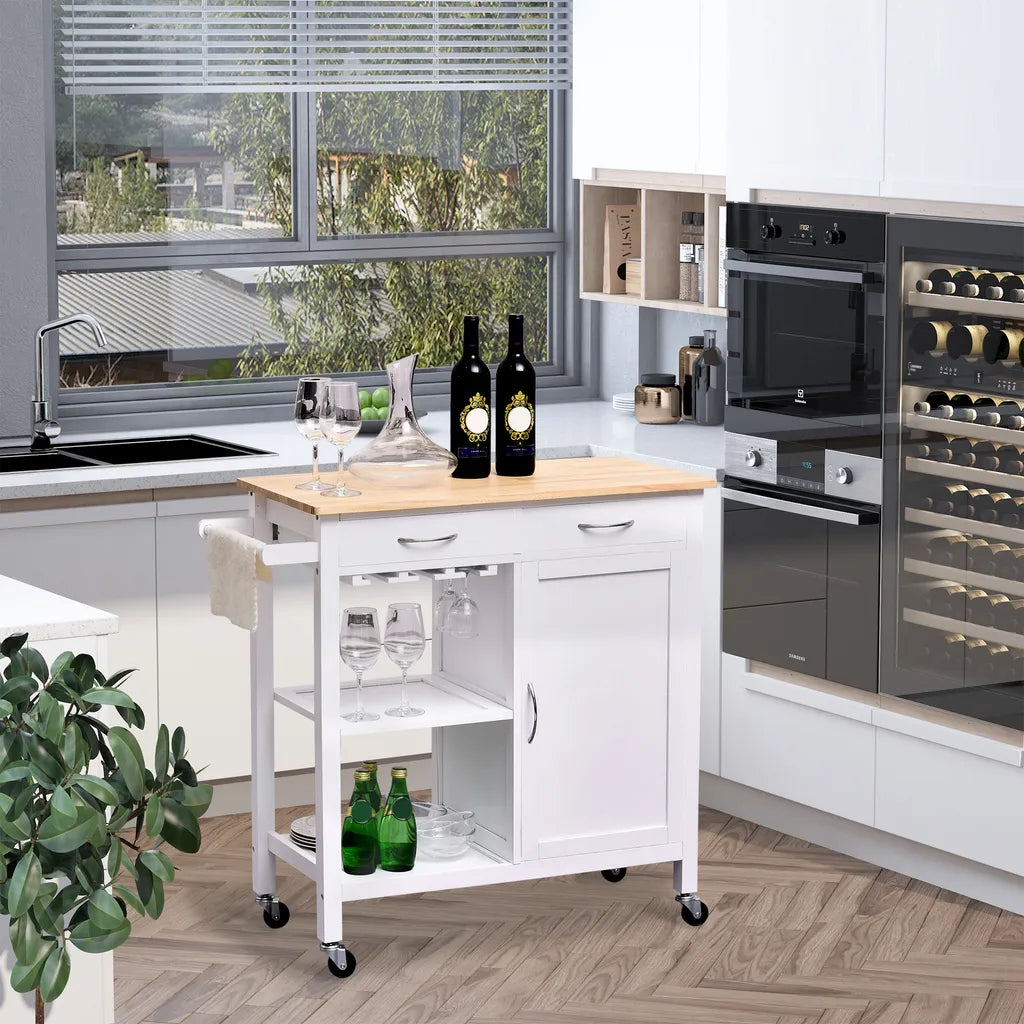 HOMCOM Servierwagen Küchenwagen Rollwagen Küchentrolley Mit Schrank Schublade Holz Weiß 88,5 X 40 X 86 Cm