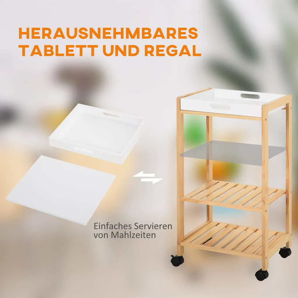  HOMCOM Küchenwagen, Küchenrollwagen, Servierwagen Mit Ablage, Abnehmbares Tablett Kiefer Weiß+Natur 40 X 30 X 76 Cm