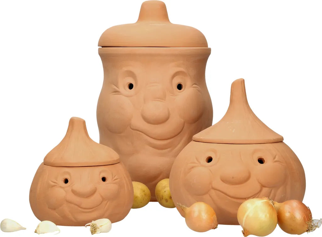  Mambocat 3tlg. Terrakotta-Töpfe Set Knoblauchtopf + Zwiebeltopf + Kartoffeltopf Vorrats-Dosen