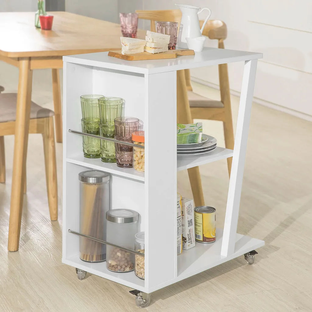  SoBuy FKW77-W Design Servierwagen Küchenwagen Beistellwagen Rollwagen Mit 3 Ablagen Und 2 Regalfächern Weiß BHT Ca.: 60x77x38cm