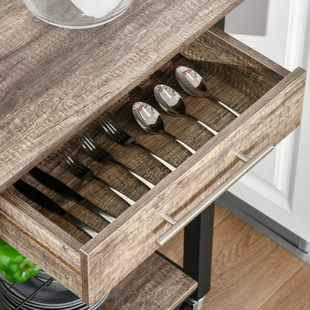  HOMCOM Küchenwagen Küchenrollwagen Servierwagen Mit Ablage Schublade Weinregal Spanplatte Metall Grau Eiche 60 X 50 X 84,5 Cm
