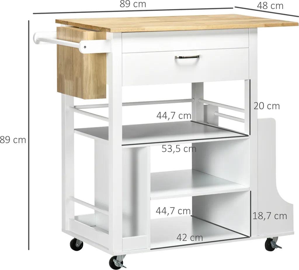  HOMCOM Küchenwagen, Rollwagen, Küchenschrank Mit Arbeitsplatte Aus Gummiholz, Trolley, Beistellwagen Auf Rollen, Servierwagen Mit Schublade, Werkzeugkasten Für Küche, Weiß, 89 X 48 X 89 Cm