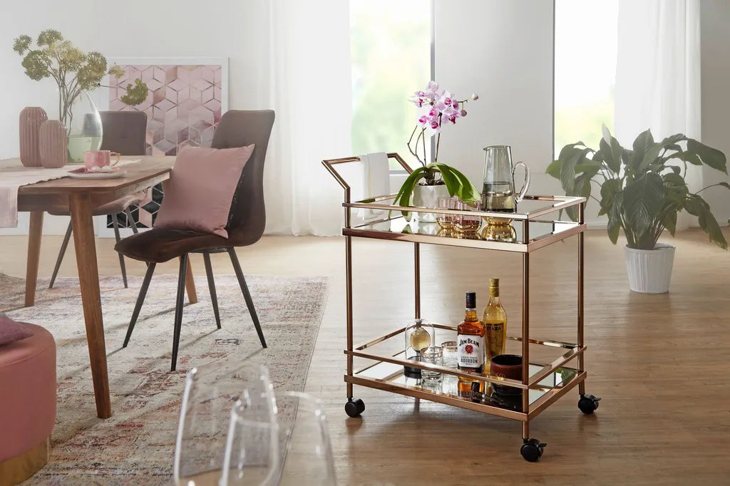  WOHNLING Design Servierwagen Dunkles Gold 2 Ebenen Mit Bremsen | Beistelltisch Auf Rollen | Speisewagen Mit Glasplatte | Küchenwagen | Teewagen