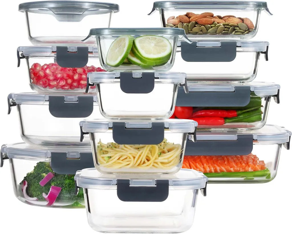  PIE LOCK Frischhaltedosen Set 24 Teilig - Frischhalte Dosen Glasdose Eckig Vorratsdosen - In Transparent Mit Grau Mikrowellengeeignete Frischhaltedose Essensbox Für Lebensmittel BPA-Frei