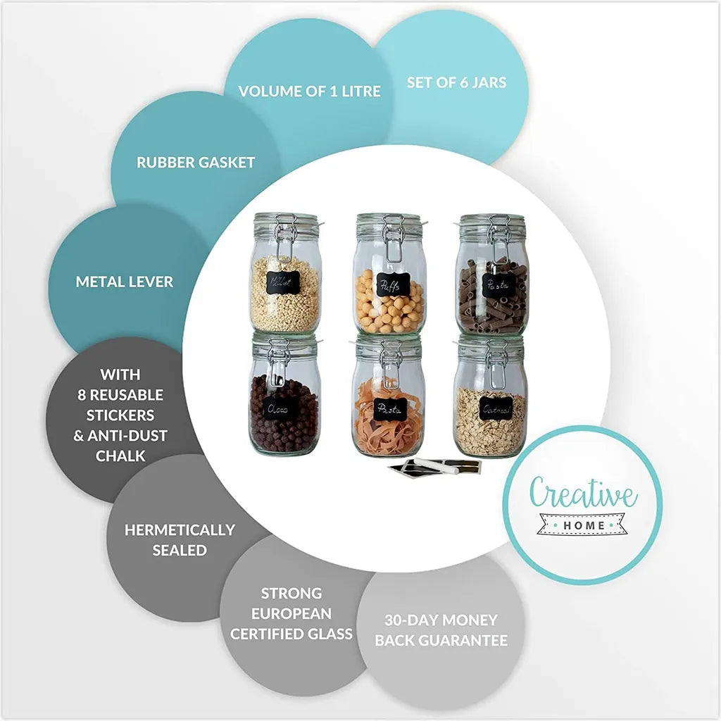  6 X Creative Home Gläser Mit Bügelverschluss | 1 Liter | Einmachgläser Drahtbügel-glas Aufbewahrungsgläser Mit Gummiring Und Deckel | 8 Wiederverwendbare Aufkleber + 1 Anti-Staub-Kreide