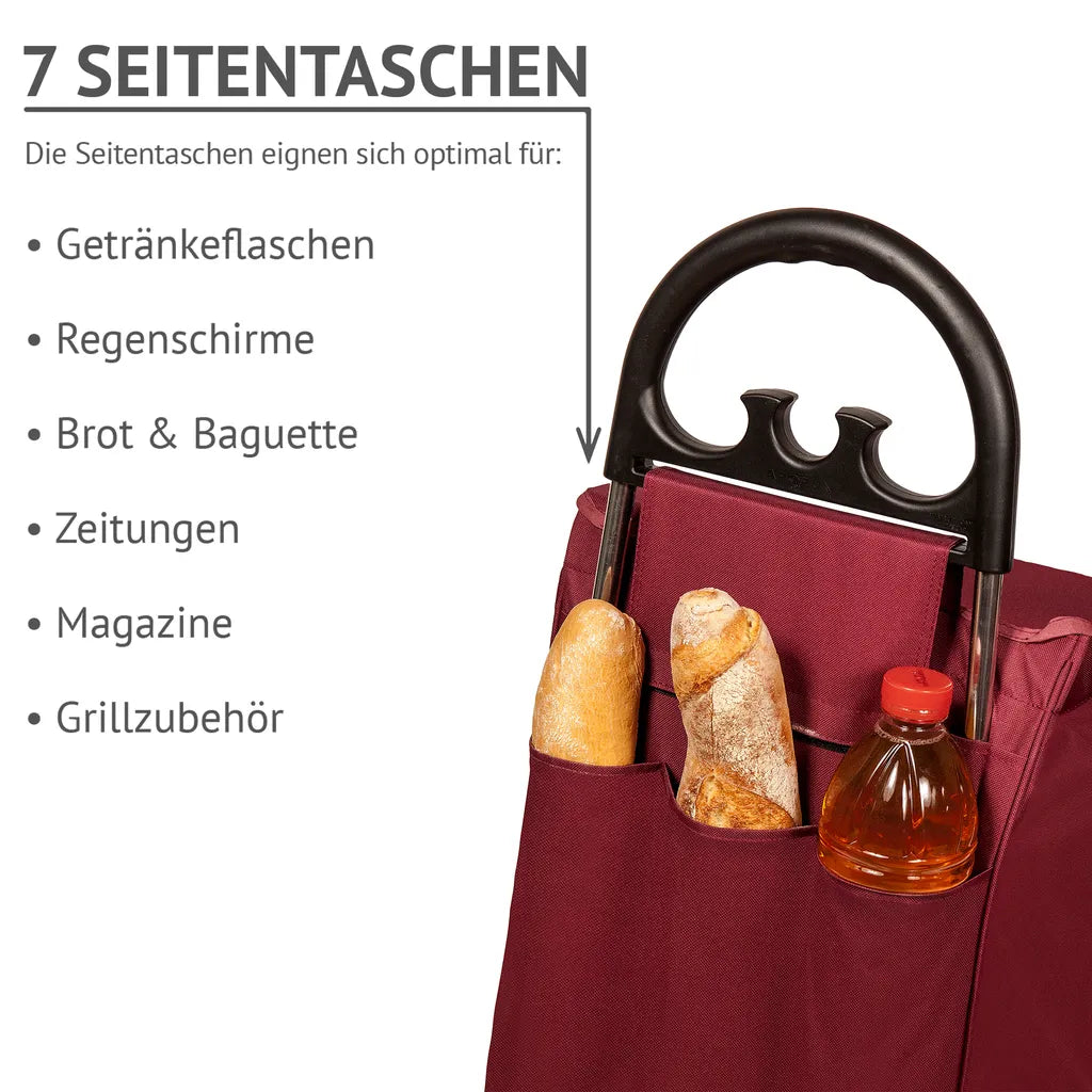  Einkaufstrolley KILEY XXL Bordeaux Mit 78l Fassung & Seitentaschen - Extragroße, Leise & Abnehmbare Gummiräder