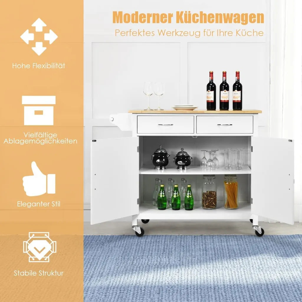  COSTWAY Rollende Kücheninsel Aus Gummiholz, Küchenwagen Mit Handtuchhalter & Verstellbarem Regal & Schubladen, Servierwagen Mit Arbeitsplatte Für Küche, Esszimmer & Bar (Weiß)