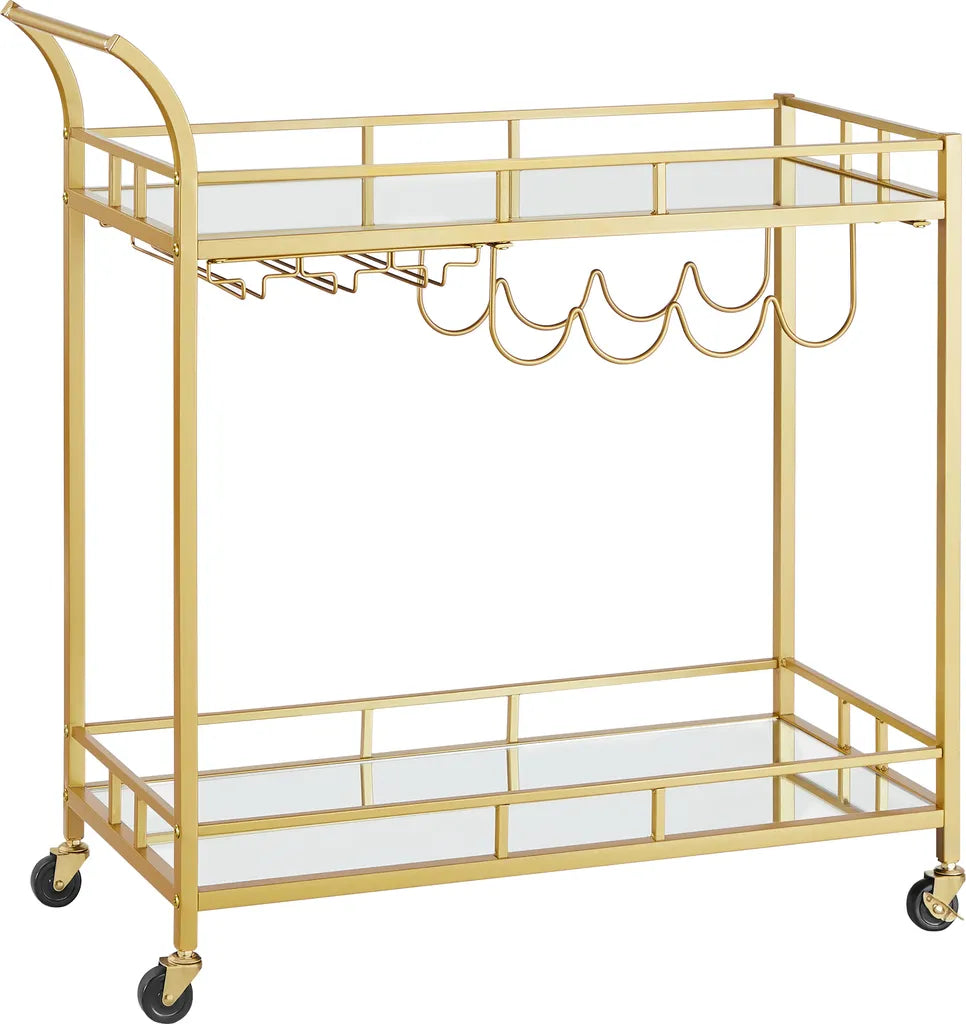  VASAGLE Servierwagen, Rollwagen, Gläserhalter, 2 Verspiegelte Glasablagen, Barwagen, Weinwagen, Für Küche, Esszimmer, Bar, Goldfarben