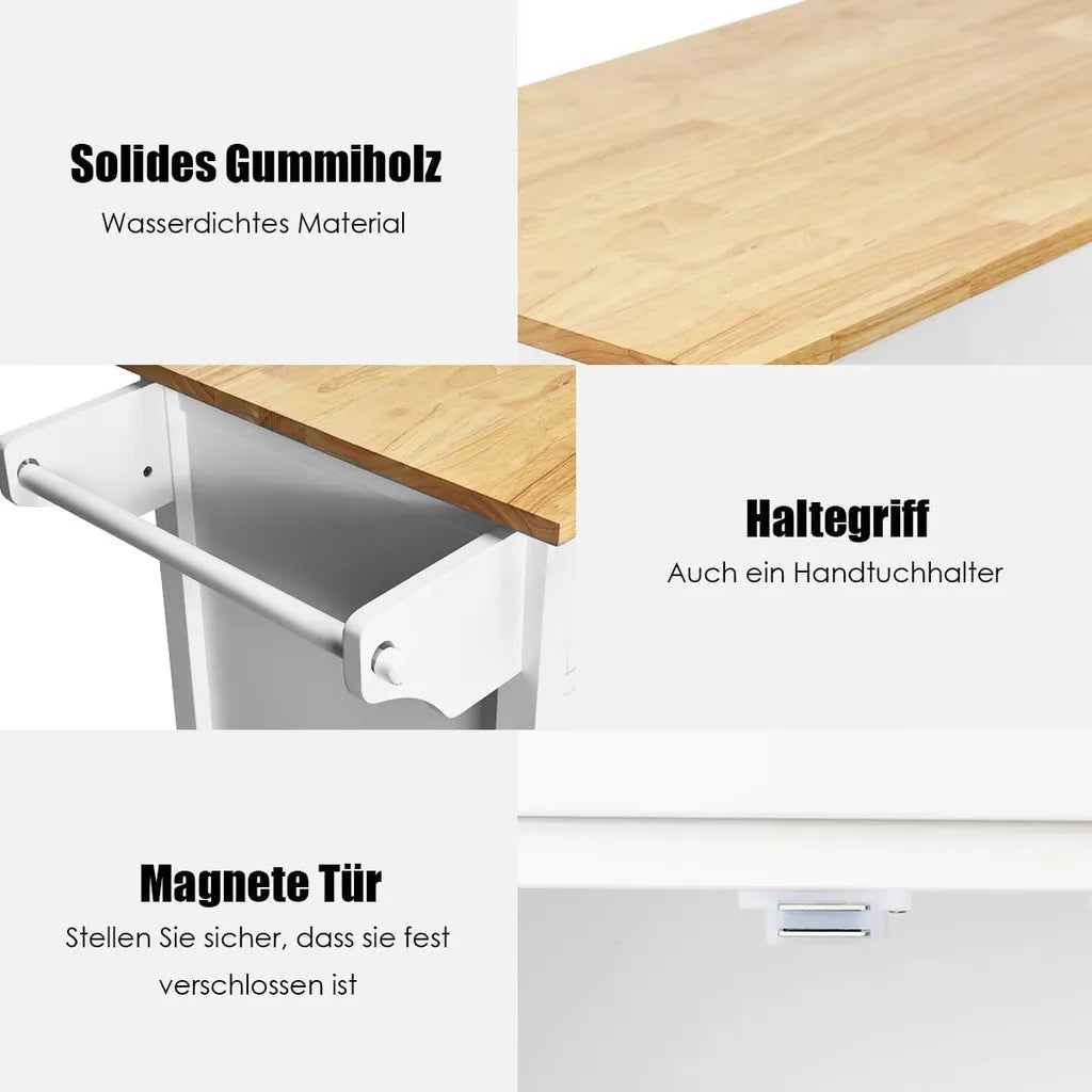  COSTWAY Rollende Kücheninsel Aus Gummiholz, Küchenwagen Mit Handtuchhalter & Verstellbarem Regal & Schubladen, Servierwagen Mit Arbeitsplatte Für Küche, Esszimmer & Bar (Weiß)