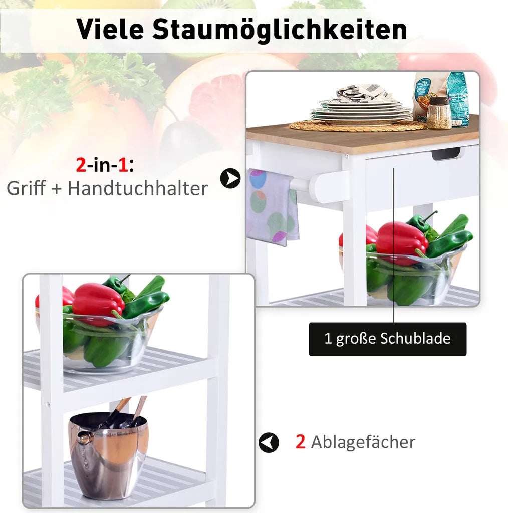  HOMCOM Servierwagen, Küchenwagen Mit Handtuchhalter, Küchentrolley, Beistellwagen Mit Schublade, Weiß, 64 X 39 X 84,5 Cm