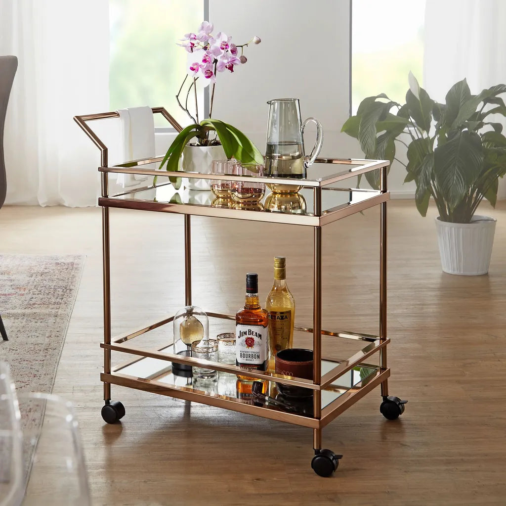  WOHNLING Design Servierwagen Dunkles Gold 2 Ebenen Mit Bremsen | Beistelltisch Auf Rollen | Speisewagen Mit Glasplatte | Küchenwagen | Teewagen