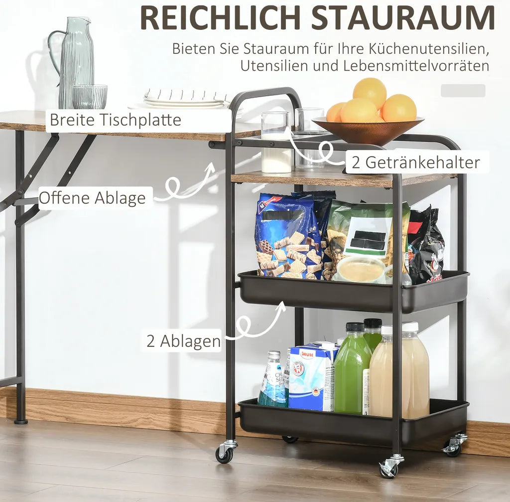  HOMCOM Küchenwagen Küchenrollwagen Servierwagen Mit 1 Klappbaren Tischplatte 2 Tabletts Und 1 Offenes Regal Rollen Verstellbare Fußpolster E1-Spanplatte Metall Rustikal-Braun 118 X 36,5 X 82 Cm