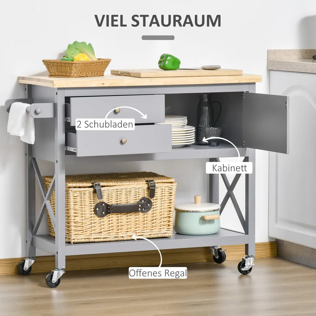  HOMCOM Küchenwagen Rollbar Servierwagen Standregal Küchentrolley Schrank Mit Schublade Bodenregal Handtuchhalter Für Küche Esszimmer Gummiholz MDF Grau+Natur 108 X 45 X 89 Cm