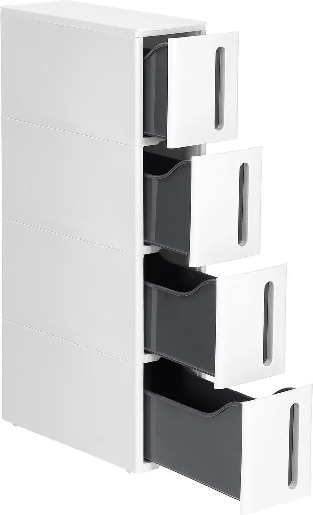  SONGMICS Küchenregal, Nischenregal Mit Rollen, Schmaler Rollwagen Mit 4 Schubladen, Mobil, Ausziehbar, Badregal, Küchenschrank Mit Rädern, PP-Kunststoff, Platzsparend, 45 X 17 X 84 Cm, Weiß-grau KFR008G01