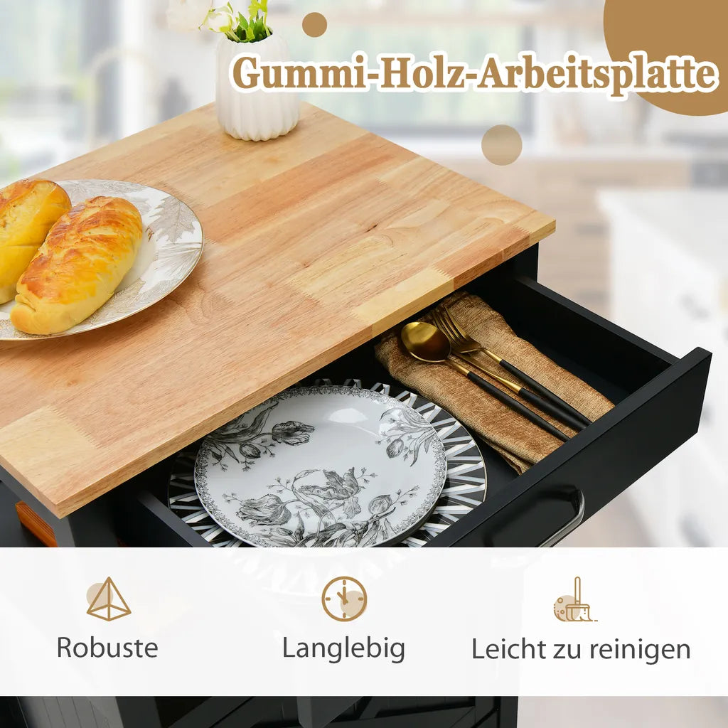  COSTWAY Kleiner Küchenwagen Auf Rollen, Servierwagen Mit Schrank & Schublade Und 3 Haken, Arbeitsplatte Aus Holz, Rollwagen Kücheninsel, Küchentrolley Im Landhausstil (Schwarz)