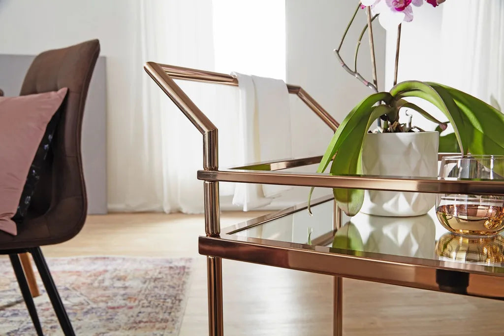  WOHNLING Design Servierwagen Dunkles Gold 2 Ebenen Mit Bremsen | Beistelltisch Auf Rollen | Speisewagen Mit Glasplatte | Küchenwagen | Teewagen