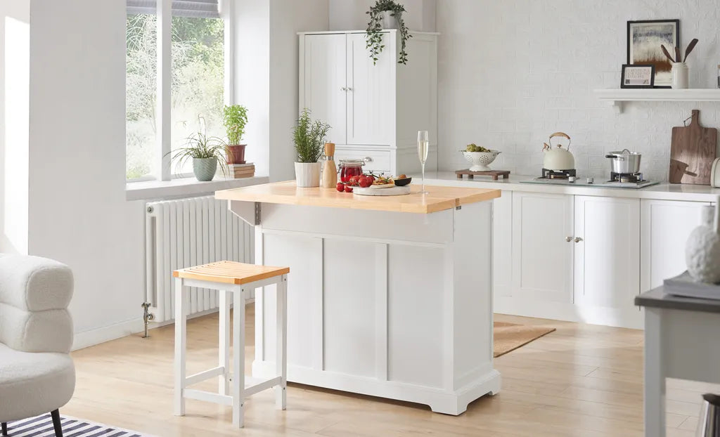  SoBuy FKW71-WN Kücheninsel Küchenwagen Mit Erweiterbarer Arbeitsplatte Küchenschrank Servierwagen Holz Weiß BHT Ca.: 115x92x46-71cm