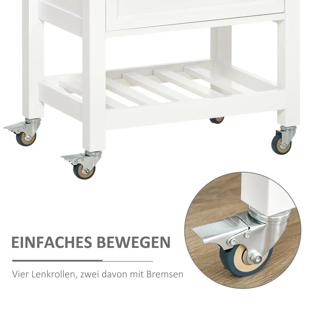  HOMCOM Küchenwagen Küchenrollwagen Servierwagen Mit Einer Schublade Geschlossenen Schrank Regalboden Und Handtuchhalter 4 Lenkrollen MDF Gummiholz Weiß+Eiche 63,5 X 40 X 90 Cm