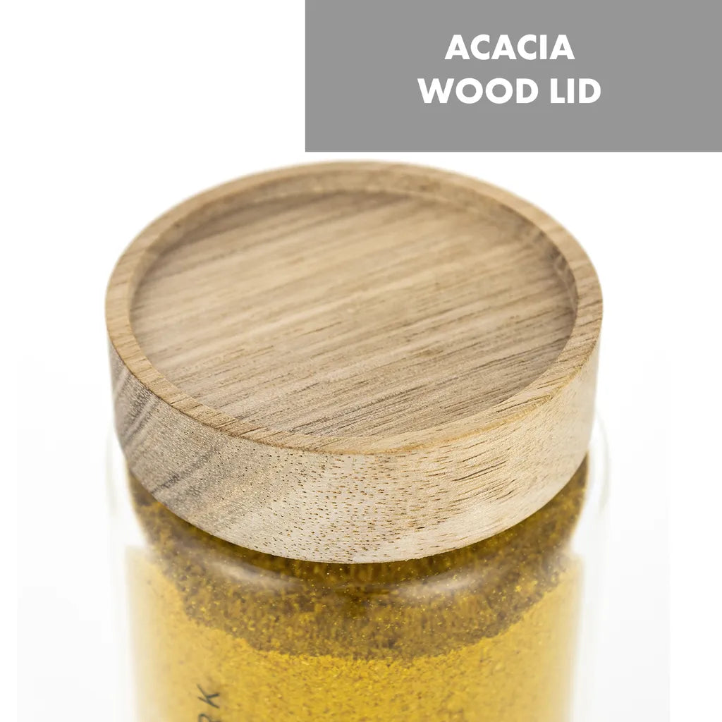  Klarstein Glaswerk Cassia Gewürzgläser Vorratsgläser Gewürzgläserset , 6 X 130 Ml , Borosilikatglas , Deckel Aus Akazienholz , Stapelbares Design , Luftdichte Aufbewahrung