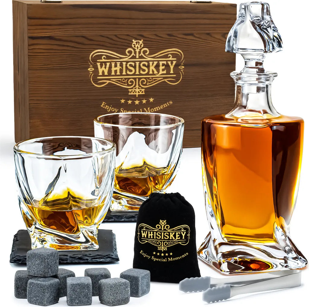  Whisiskey - Whisky Karaffe – Twisted Dekanter Set - Whiskey Karaffe Set - 1000ML - Geschenke Für Männer - Inkl. 8 Whisky Steine, Zange & 2 Whisky Gläser