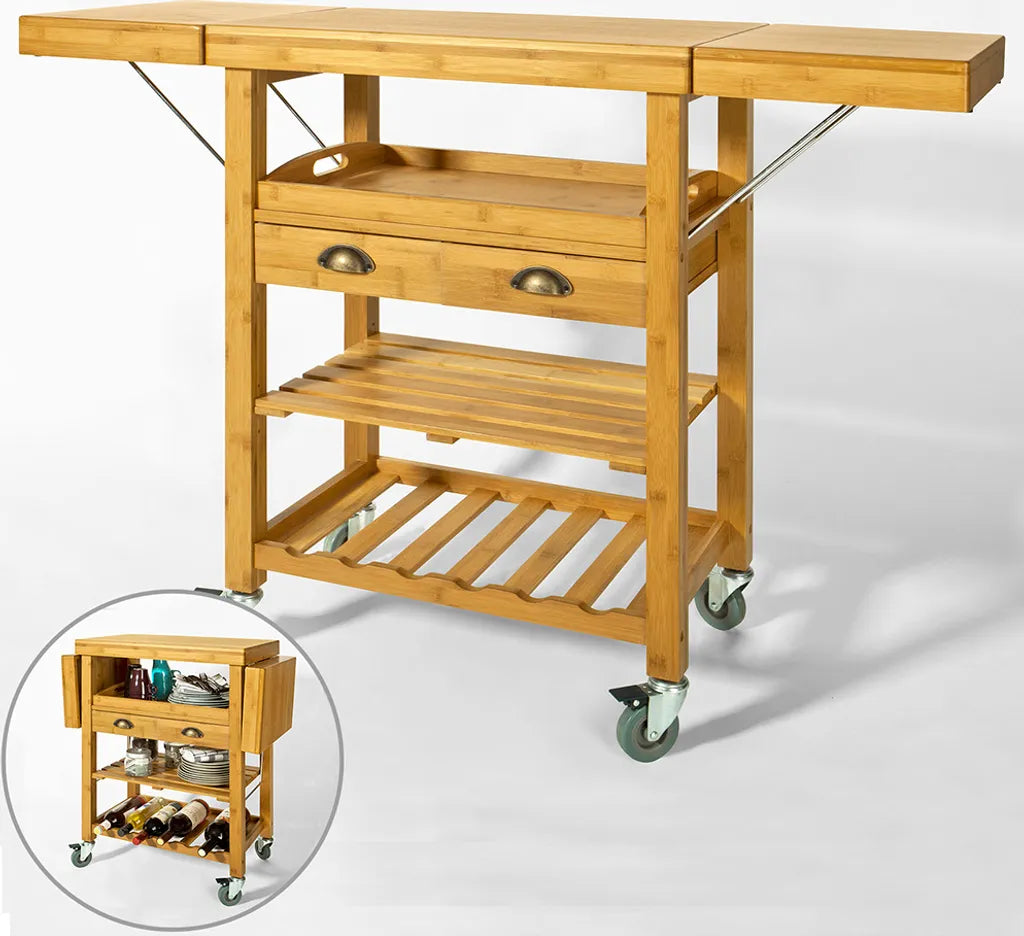  SoBuy FKW25-N Servierwagen Aus Hochwertigem Bambus Küchenwagen Küchenregal Rollwagen BHT Ca: 65 (95/125) X92x40cm