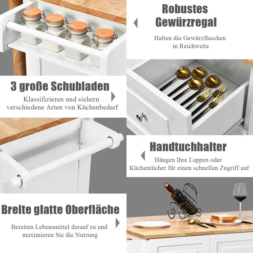  COSTWAY Küchenwagen Rollbar, Kücheninsel Mit Handtuchhalter, Küchenschrank Aus Holz, Servierwagen Weiß, Kücheninselwagen, Mikrowellenwagen, Sideboard 135x76x91cm