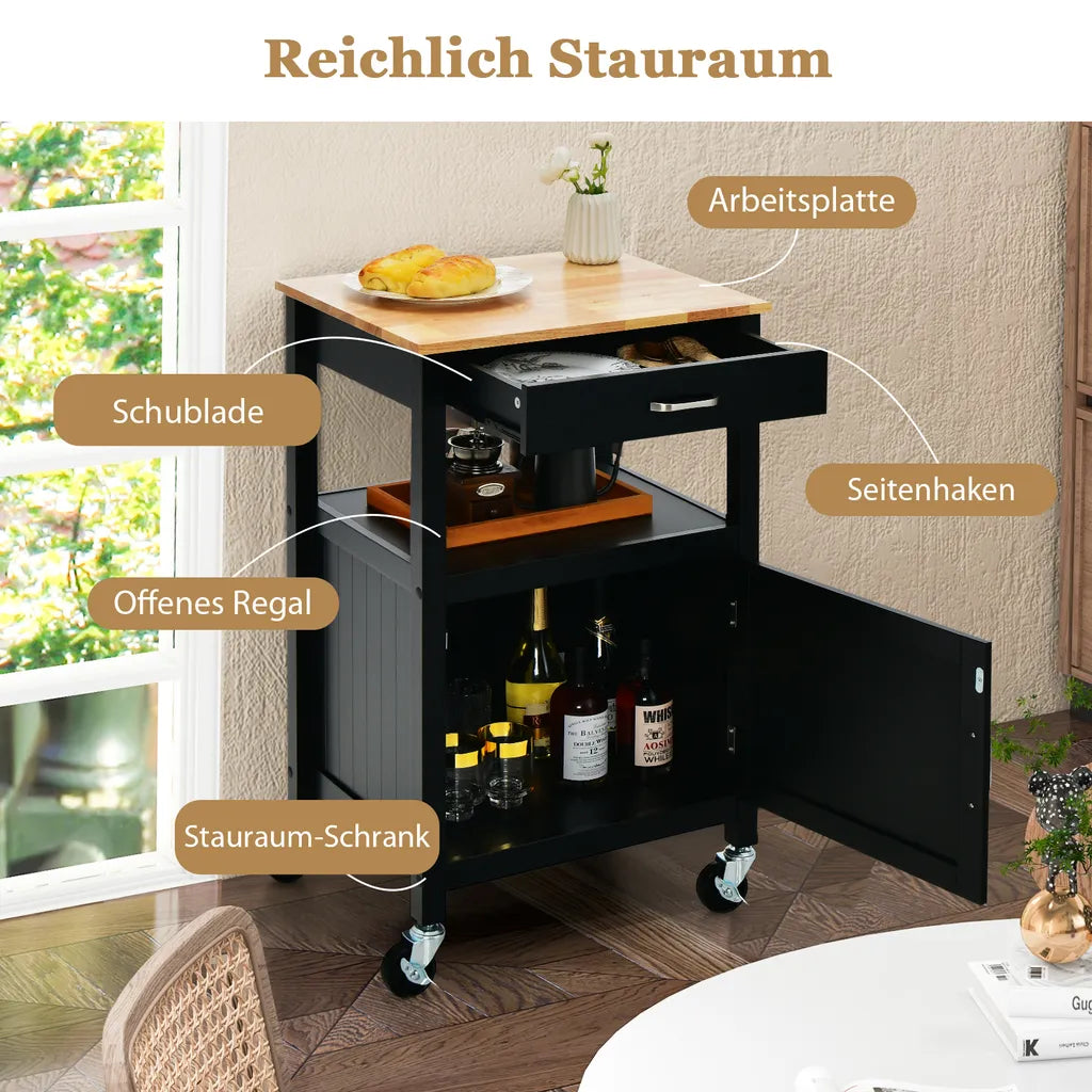  COSTWAY Kleiner Küchenwagen Auf Rollen, Servierwagen Mit Schrank & Schublade Und 3 Haken, Arbeitsplatte Aus Holz, Rollwagen Kücheninsel, Küchentrolley Im Landhausstil (Schwarz)