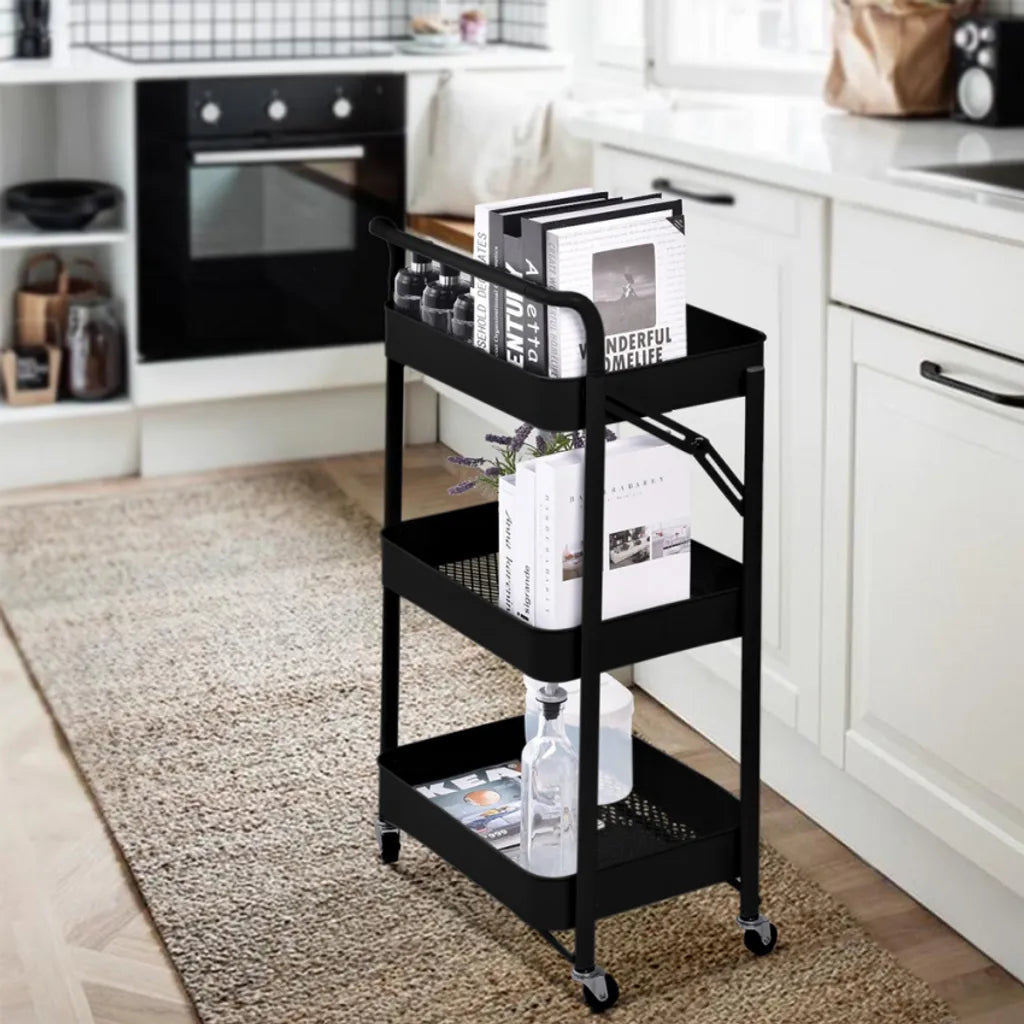  Klappbarer Küchenwagen 3 Etagen Griff Räder Pikas PlusFarbe: Schwarz, Höhe (cm): 89, Breite (cm): 46, Tiefe (cm): 29,5, Zusammensetzung: POWDER COATED IRON, Modelle: PIKAS PLUS, Länge (cm): 29