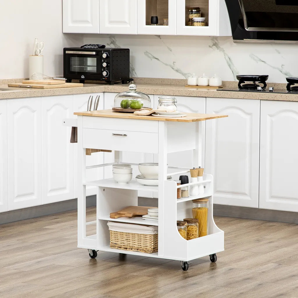  HOMCOM Küchenwagen, Rollwagen, Küchenschrank Mit Arbeitsplatte Aus Gummiholz, Trolley, Beistellwagen Auf Rollen, Servierwagen Mit Schublade, Werkzeugkasten Für Küche, Weiß, 89 X 48 X 89 Cm
