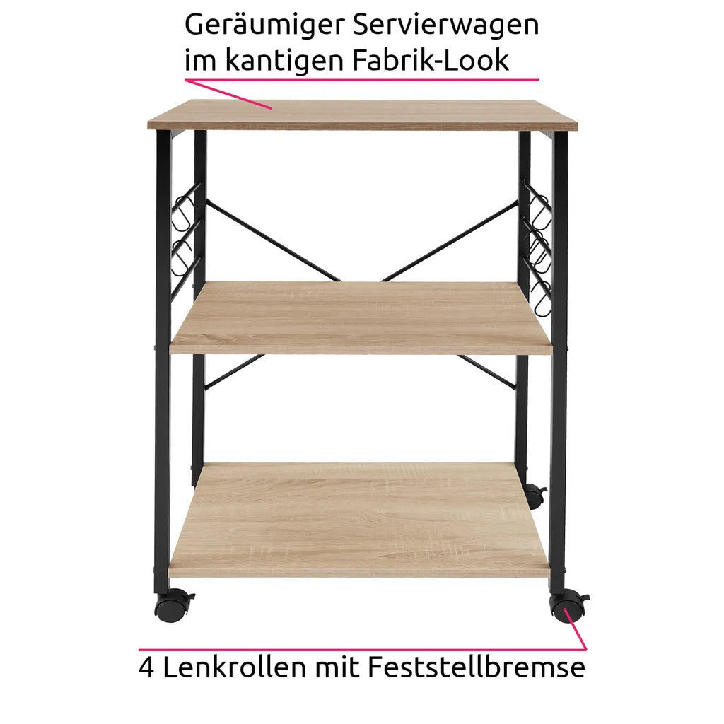  Tectake Servierwagen Rugby 65,5x45,5x88,5cm - Industrial Holz Hell, Eiche Sonoma