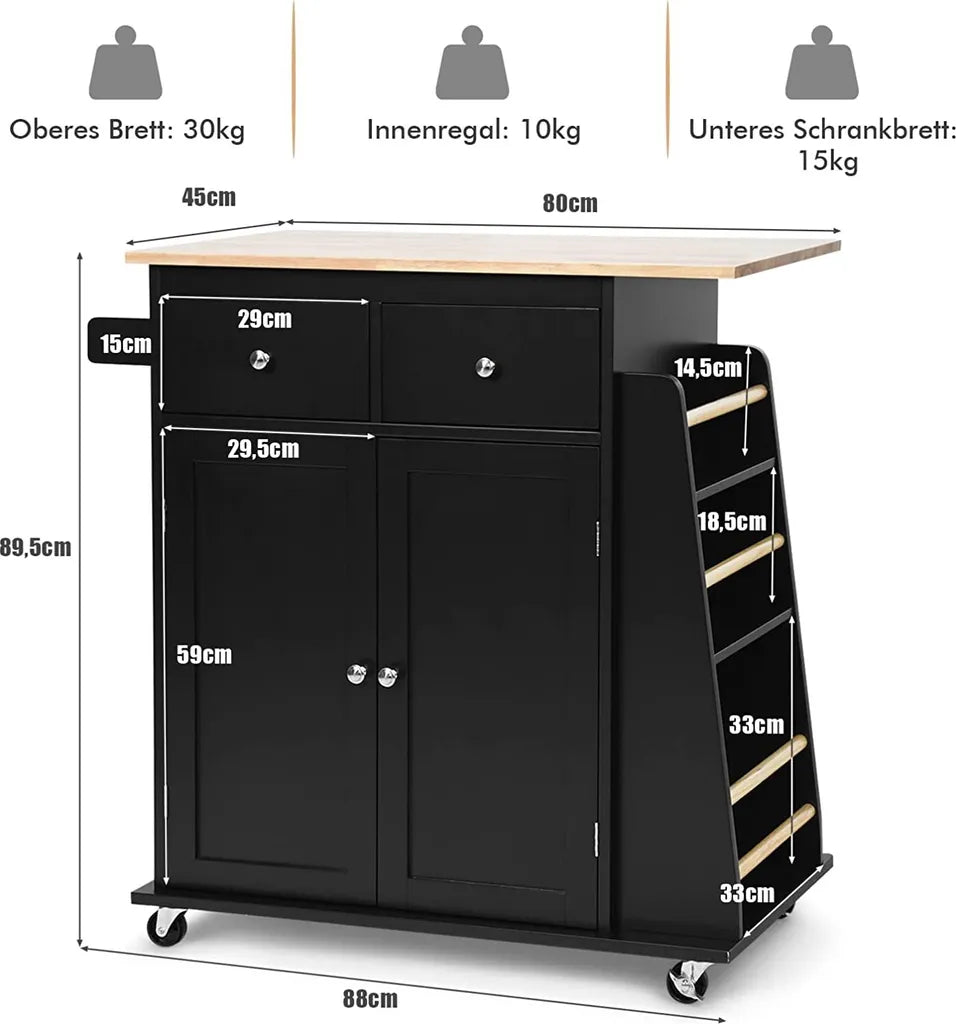  COSTWAY Kücheninsel Mit Handtuchhalter, Rollender Küchenwagen Aus Gummiholz Mit Verstellbarem Regal & 2 Schubladen & Gewürzregal, Servierwagen Modern Mit Räder Mit Bremsen (Schwarz)