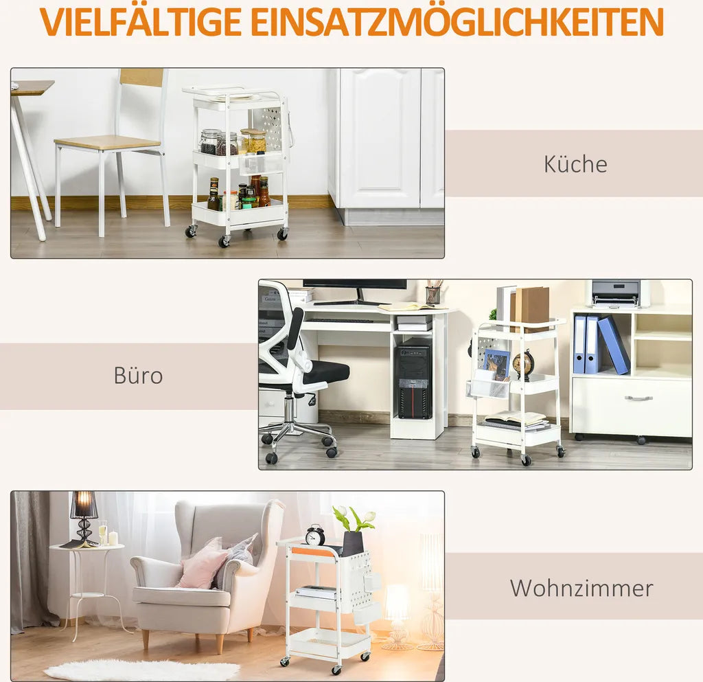  HOMCOM Rollwagen3-Etagen Küchenwagen Mit Schubladen Und Korb Für Küche Büro Schlafzimmer Wohnzimmer Stahl Weiß 51,5 X 32 X 75,6 Cm