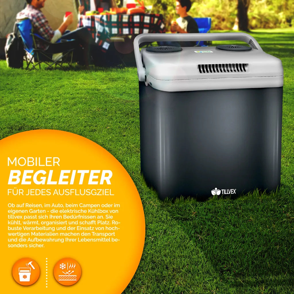  Tillvex Kühlbox Elektrisch 32L Grau | Mini-Kühlschrank 230 V Und 12 V Für KFZ Auto Camping | Kühlt & Wärmt | ECO-Modus