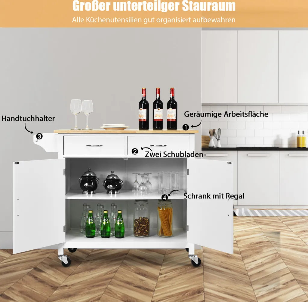  COSTWAY Rollende Kücheninsel Aus Gummiholz, Küchenwagen Mit Handtuchhalter & Verstellbarem Regal & Schubladen, Servierwagen Mit Arbeitsplatte Für Küche, Esszimmer & Bar (Weiß)