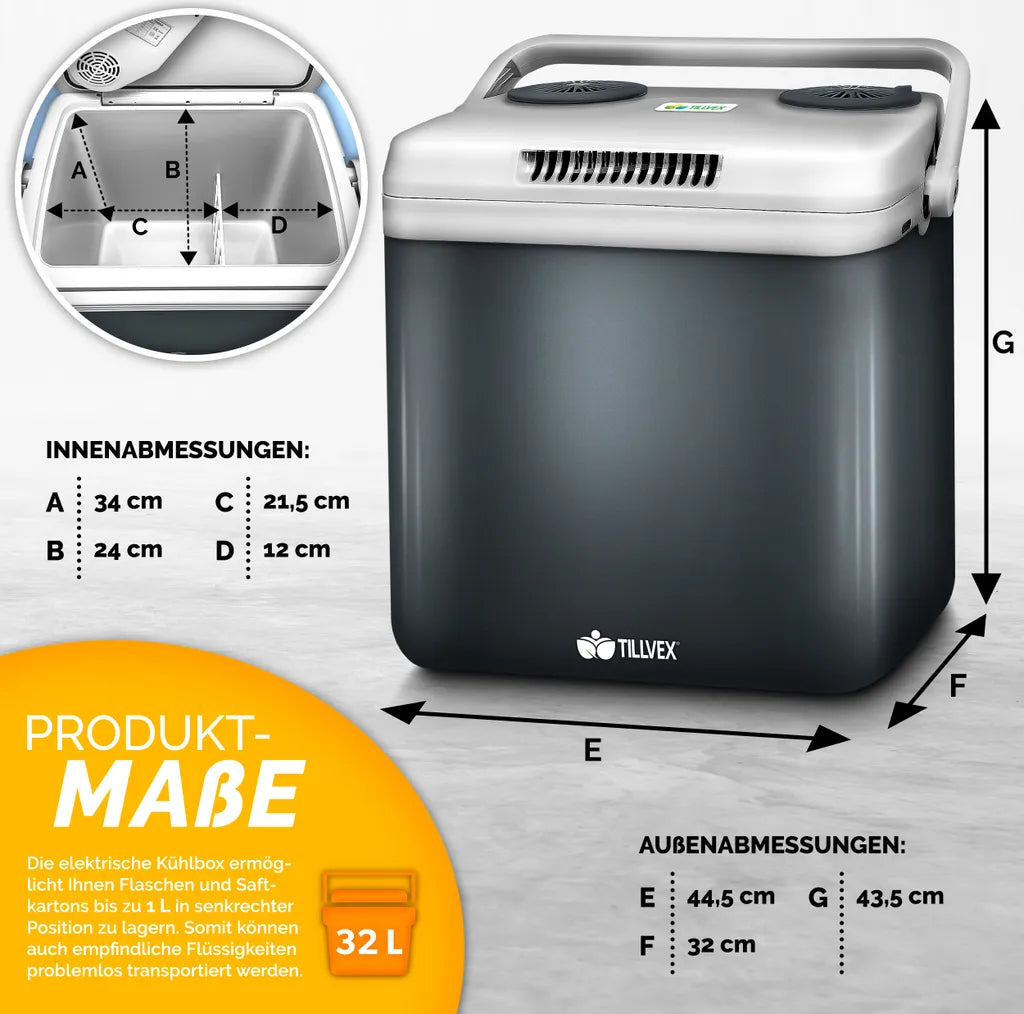  Tillvex Kühlbox Elektrisch 32L Grau | Mini-Kühlschrank 230 V Und 12 V Für KFZ Auto Camping | Kühlt & Wärmt | ECO-Modus
