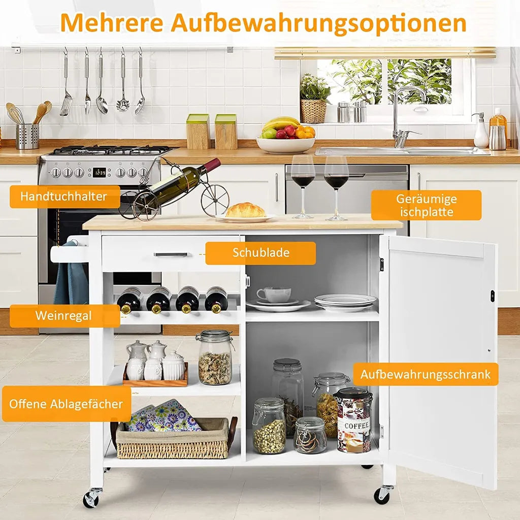  COSTWAY Küchenwagen Auf Rollen, Kücheninsel Mit Schublade, Weinregal, Offene Regale & Handtuchhalter, Platzsparender Servierwagen, Für Küche, Esszimmer, Bar, Weiß