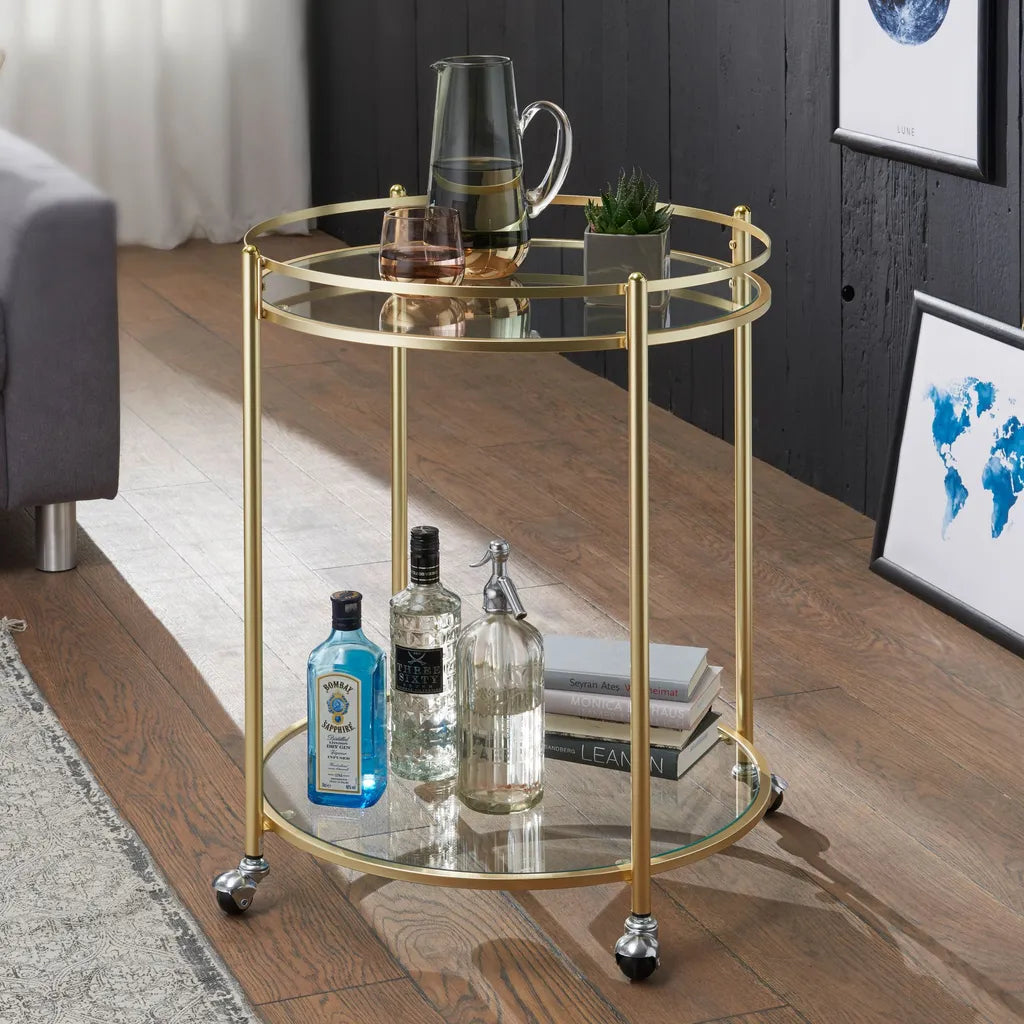  WOHNLING Design Servierwagen Gold Ø 57 Cm Beistelltisch | Teewagen Metall Mit Rollen | Küchenwagen Mit Glasplatten | Barwagen Rund 75 Cm Hoch | Küchentrolley Modern | Rollwagen