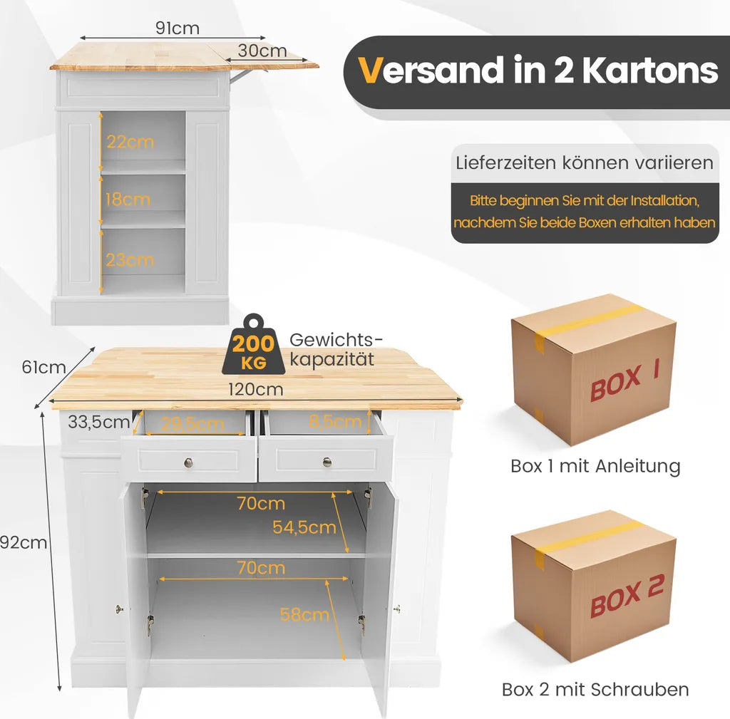  COSTWAY Kücheninsel Aus Gummiholz, Küchenschrank Klappbar Mit Ausziehbarer Arbeitsplatte, Küchenschrank Mit Schubladen, Seitenregalen, 2-türigem Schrank, 3-stufig Verstellbaren Böden