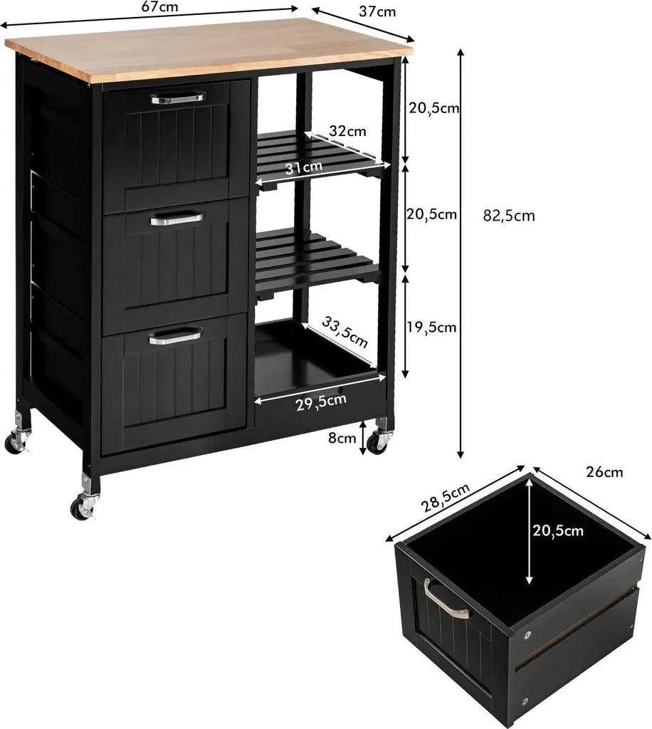  COSTWAY Küchenwagen Mit Tablett, Regalen Und 3 Großen Schubladen, Küchenschrank Rollbar, Kücheninsel Aus Kautschukholz, Servierwagen 67 X 37 X 82,5 Cm (Schwarz)