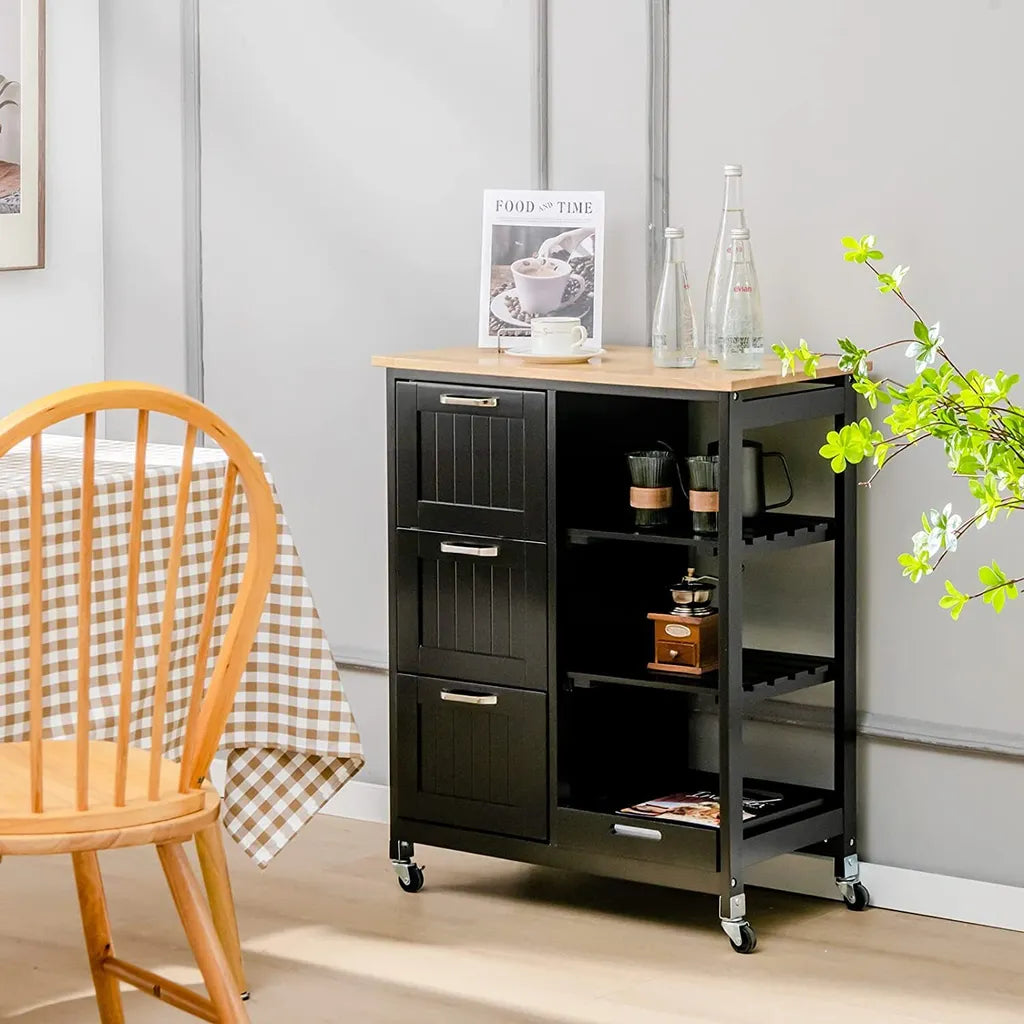 COSTWAY Küchenwagen Mit Tablett, Regalen Und 3 Großen Schubladen, Küchenschrank Rollbar, Kücheninsel Aus Kautschukholz, Servierwagen 67 X 37 X 82,5 Cm (Schwarz)