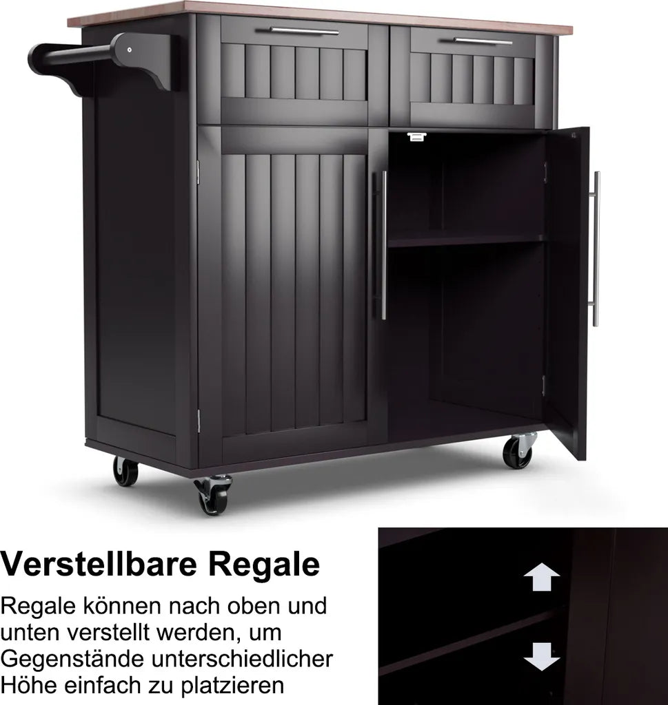  COSTWAY Küchenwagen Kücheninsel Mit Arbeitsplatte, 2 Schubladen Türen & Handtuchhalter, Servierwagen Holz Mit Rollen, 94x45,5x94,5cm, Braun