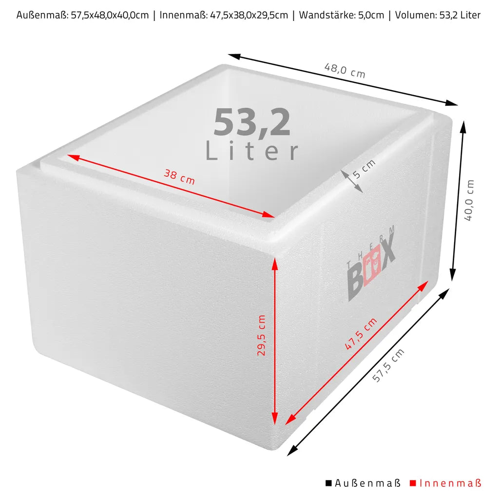  Styroporbox 53W | Wand: 5,0cm | Volumen: 53,2L | Innenmaß:47x38x29cm | Weiß Isolierbox Thermobox Kühlbox Warmhaltebox