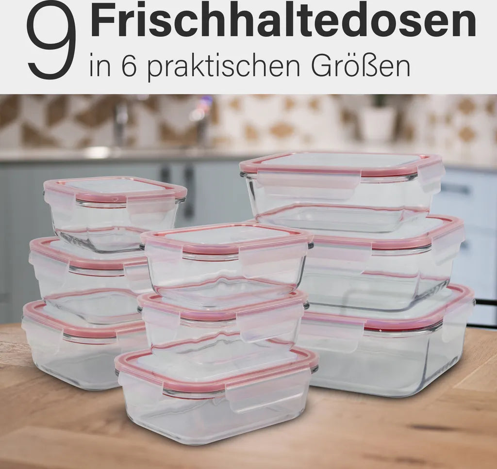  Classbach® Glas-Frischhaltedosen Mit Deckel, 9er-Vorratsdosen-Set/Vorratsgläser, Geeignet Für Mikrowelle, Spülmaschine Und Gefrierfach, Meal Prep Boxen Aus Glas, Perfekte Aufbewahrungsbox Küche
