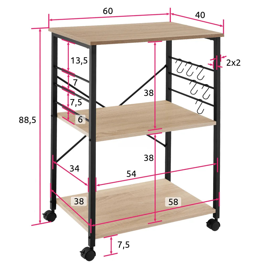 Tectake Servierwagen Rugby 65,5x45,5x88,5cm - Industrial Holz Hell, Eiche Sonoma
